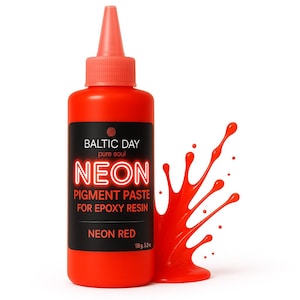 May include: A neon red pigment paste bottle with a pointed cap, featuring a black label with the text BALTIC DAY pure soul NEON PIGMENT PASTE FOR EPOXY RESIN NEON RED 150g 5.2oz, accompanied by a vibrant red liquid splash effect on the right side.
