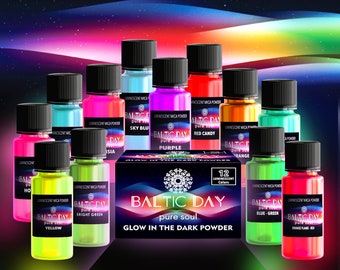 Baltic Day - Glow in the Dark Pigment Powder - 12 Luminous Colors x 20g Jars - Glowing Pigment for Epoxy Resin, Nail Art, Acrylic Paint