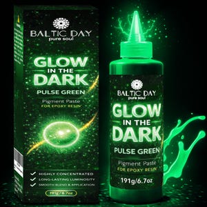 May include: A bottle and box of Baltic Day Pulse Green glow in the dark pigment paste for epoxy resin. The packaging is black with green text and graphics, featuring the text Glow in the Dark, Pulse Green, and a net weight of 191g/6.7oz.