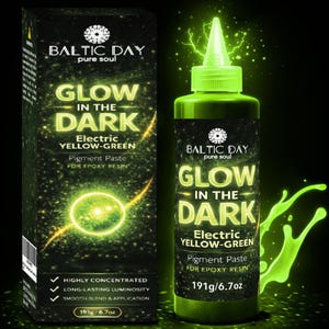 May include: A bottle and box of Baltic Day glow-in-the-dark electric yellow-green pigment paste for epoxy resin. The packaging features the text GLOW IN THE DARK, Electric YELLOW-GREEN, and 191g/6.7oz, with a black background and glowing accents.