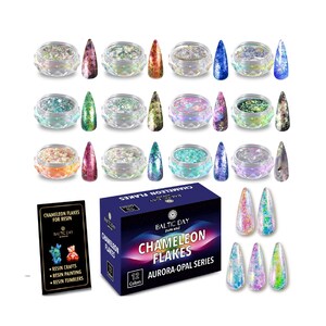 May include: Twelve small jars of iridescent chameleon flakes for resin crafts. The jars are arranged in four rows of three. Each jar has a small sample of the flakes next to it. The jars are labeled "Baltic Day Pure Soul Chameleon Flakes Aurora-Opal Series".