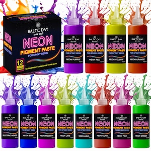 May include: A set of twelve Baltic Day neon pigment paste bottles for epoxy resin, featuring colors including purple, red, yellow, orange, indigo, blue, magenta, lime, aqua, coral, pink, and green, displayed with a black product box.