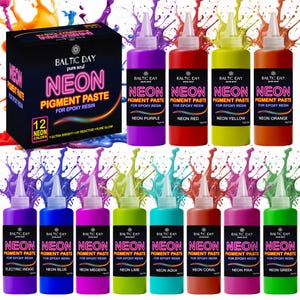 May include: A set of twelve Baltic Day neon pigment paste bottles for epoxy resin, featuring colors including purple, red, yellow, orange, indigo, blue, magenta, lime, aqua, coral, pink, and green, displayed with a black product box.