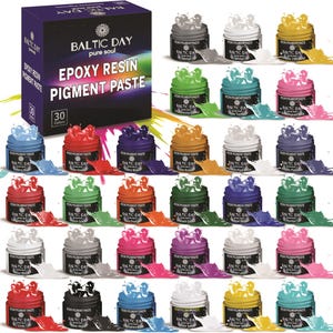 May include: A set of 30 epoxy resin pigment paste colors in small jars. The jars are arranged in rows of five, with each row featuring a different color palette. The colors include metallic, neon, and earth tones.