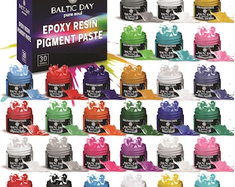 May include: A set of 30 epoxy resin pigment paste colors in small jars. The jars are arranged in rows of five, with each row featuring a different color palette. The colors include metallic, neon, and earth tones.
