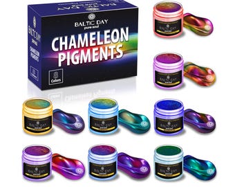 May include: Eight jars of chameleon pigments in various colors, labeled "BALTIC DAY pure soul". The jars are arranged in two rows of four, with a box labeled "BALTIC DAY pure soul CHAMELEON PIGMENTS 8 Colors" in the background.