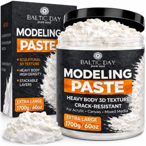 May include: A clear plastic jar filled with white modeling paste, topped with a black lid. The label reads Baltic Day Modeling Paste, Heavy Body 3D Texture, Crack-Resistant, Extra Large 1700g / 60oz. A pile of the white paste sits in front.