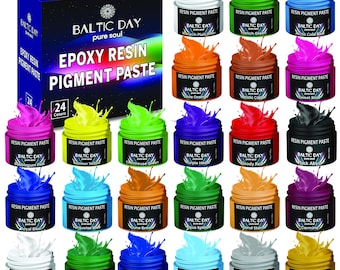 May include: A set of 24 epoxy resin pigment pastes in various colors, including bubblegum pink, summer yellow, chartreuse green, purple heart, royal blue, snow white, enchanted forest, blue hole, electric blue, metallic platinum, and metallic 24k gold. The jars are labeled with the brand name "Baltic Day" and the text "Epoxy Resin Pigment Paste".
