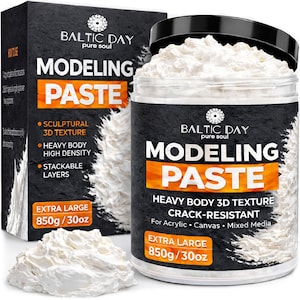 May include: A jar and box of Baltic Day modeling paste with a black label and white text. The product is labeled as heavy body 3D texture, crack-resistant, and extra large at 850g/30oz. A mound of white, thick, textured paste sits in front.