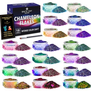 May include: A set of 18 jars of Baltic Day chameleon flakes for resin crafts, painting, and tumblers. The kit includes a black box with the text Chameleon Flakes, a small applicator brush, and 18 clear jars filled with multi-colored, iridescent, color-shifting flakes in various hues.