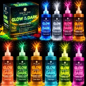 May include: A set of ten Baltic Day glow in the dark pigment paste bottles for epoxy resin, including colors like Deep Ion Blue, Ghost Glow, Magenta Flame, Mandarin Radiance, Peach Frost, Pulse Green, Solar Glow, Tidal Aqua, Electric Yellow, and Hot Magenta.