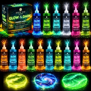 May include: A set of sixteen Baltic Day glow in the dark pigment paste bottles for epoxy resin, displayed with a box and three glowing circular resin samples. Each bottle features a unique color name and a lightning bolt graphic design.