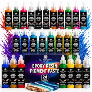 May include: A set of 24 Baltic Day epoxy resin pigment paste bottles, each containing 20g/0.7oz of color. The collection includes various shades like Lava Orange, Black Abyss, and Metallic Copper, displayed with a box labeled Epoxy Resin Pigment Paste.