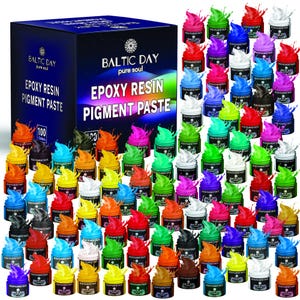 May include: A set of 100 small jars of epoxy resin pigment paste in various colors. The jars are arranged in a grid pattern and are surrounded by splashes of colored resin. The jars are labeled "BALTIC DAY pure soul EPOXY RESIN PIGMENT PASTE".
