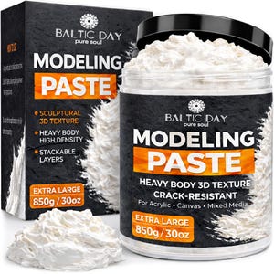 May include: A jar and box of Baltic Day modeling paste with a black label and white text. The product is labeled as heavy body 3D texture, crack-resistant, and extra large at 850g/30oz. A mound of white, thick, textured paste sits in front.
