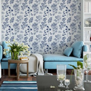 WALLPAPER Peel & Stick Opaque ANGELIQUE Indigo Blue Watercolor Flowers MEDIUM Pattern Bedroom Nursery Décor Cobalt blue 0042M