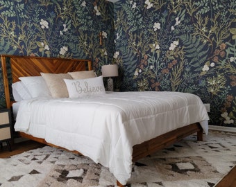 Moody Botanical Wallpaper, Dark Floral Prepasted Wallpaper, Fern Woodland Wallpaper Mural, Removable Dark Blue Accent Wall 0238-52