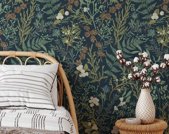 Removable WALLPAPER Peel & Stick FABRIC DORON S Modern Forest Fern Fern Botanical Wallpaper Berries Dark Wallpaper Mural Bedroom Décor 0238S