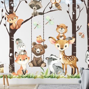 PREMIUM Removable VINYL 6 Trees 12 Peel and Stick FABRIC Animals Watercolor Forest Wall Decals Baby Woodland Neutral Bedroom Nursery Mural