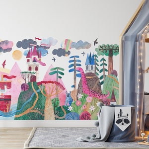 Wall Decal 1005 Mural Peel & Stick Kids Bedroom Nursery Playroom Décor Watercolor Art Travel around the World Fairy Tale Landscape