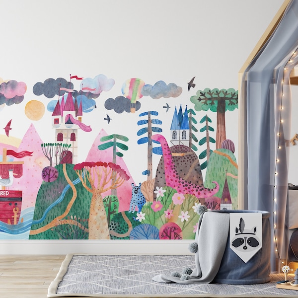 Wall Decal 1005 Mural Peel & Stick Kids Bedroom Nursery Playroom Décor Watercolor Art Travel around the World Fairy Tale Landscape