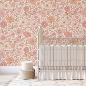 Peel & Stick WALLPAPER Fabric ASPEN Pink Coral Orange Yellow Roses Floral Mural SMALL Pattern Nursery Décor Home Gift Original Flowers 032S