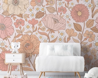 Removable PREPASTED WALLPAPER ASPEN | Nonwoven Mural Pencil Hand Drawn Medium Flowers Boho Wallpaper Floral Wallpaper Watercolor 0032-78