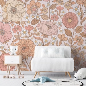 ASPEN M Removable PREPASTED WALLPAPER Nonwoven Mural Pencil Hand Drawn Medium Flowers Boho Wallpaper Floral Wallpaper Watercolor 0032M