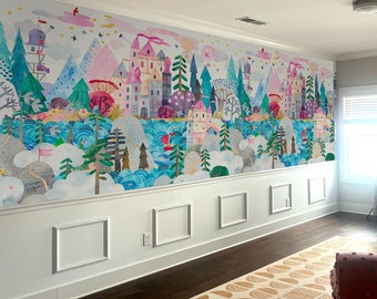 Canvas WALLPAPER Mural, MARLEY Peel & Stick Textured Wallpaper, Kids Bedroom, Nursery Playroom Décor, Watercolor Fairy Tale Castle 0197
