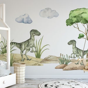 DINOSAURS Wall Fabric Decal Mural Peel & Stick Kids Bedroom Décor Watercolor 2 Velociraptors Tree Landscape 03