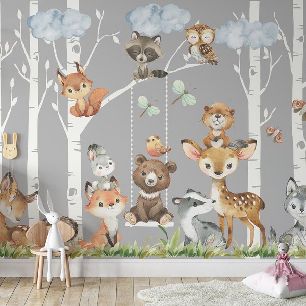 Woodland Nursery Wall Decals | PREMIUM Set 6 VINYL Trees 12 FABRIC Animals, Watercolor Baby Neutral Bedroom Nursery Décor