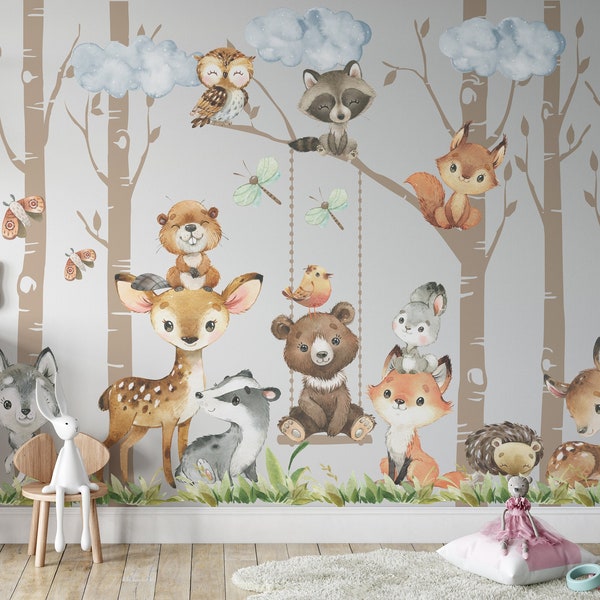 PREMIUM Removable VINYL 6 Trees 12 Peel and Stick FABRIC Animals Forest Watercolor Woodland Wall Decals Baby Neutral Bedroom Nursery Décor