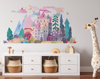 Wall Decal 1006 Mural Peel & Stick FABRIC or VINYL Kids Bedroom Nursery Playroom Décor Watercolor Rainbow Woodland Fairy Landscape