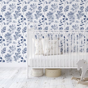 WALLPAPER Peel & Stick Fabric ANGELIQUE Indigo Blue Watercolor Flowers MEDIUM Pattern Bedroom Nursery Décor Cobalt blue Bath Home gift 0042M