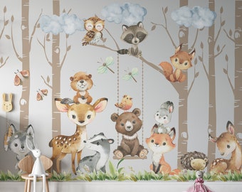 May include: A whimsical nursery wall mural featuring a forest scene with cartoon animals. The design includes trees, clouds, and various woodland creatures like a deer, fox, owl, and bear. The color palette is soft and inviting, perfect for a child's room.