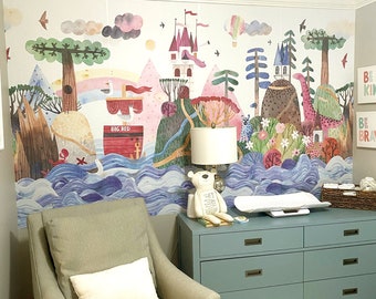 Peel & Stick WALLPAPER Mural OAKLEY Fabric Kids Bedroom Nursery Playroom Décor Watercolor Art Travel around the World Fairy Tale 0124