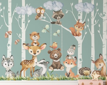 May include: A watercolour mural depicting a woodland scene with a variety of animals, including a deer, fox, raccoon, owl, bear, and squirrel. The mural is set against a backdrop of birch trees and clouds. There are also several balloons in the background.