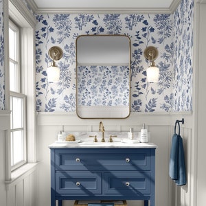 SAMPLE WALLPAPER ANGELIQUE Indigo Blue Watercolor Flowers Bedroom Nursery Décor Cobalt Peel & Stick Fabric Canvas Unpasted Traditional 0042