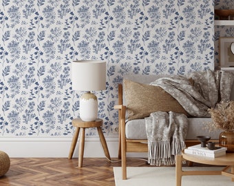 WALLPAPER Peel & Stick Fabric ANGELIQUE Indigo Blue Watercolor Flowers SMALL Pattern Bedroom Nursery Décor Cobalt blue 0042S