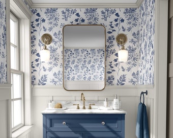 Removable WALLPAPER, Prepasted Bathroom Decor watercolor Wallpaper Blue Wallpaper Floral Wallpaper, botanical wallpaper ANGELIQUE 0042 S