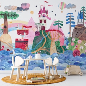 WALLPAPER Mural OAKLEY Peel & Stick Fabric Kids Bedroom Nursery Playroom Décor Watercolor Art Travel around the World Fairy Tale 0124