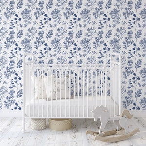 WALLPAPER Traditional Unpasted ANGELIQUE S Indigo Blue Watercolor Flowers branches Pattern Bedroom Nursery Décor Cobalt blue 0042S image 1