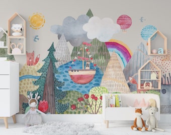 Wall Decal 1007 Mural Peel & Stick FABRIC or Transfer VINYL Kids Bedroom Nursery Playroom Décor Watercolor Rainbow Woodland Fairy Landscape