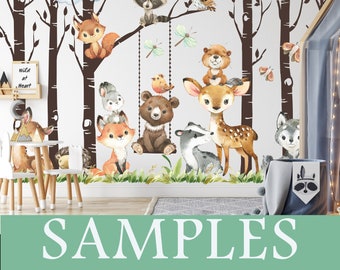SAMPLE Woodland Wall Decals SET Watercolor Vinyl and Peel and Stick Self Adhesive Fabric Nursery Décor