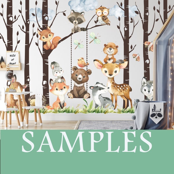 SAMPLE Woodland Wall Decals SET Watercolor Vinyl and Peel and Stick Self Adhesive Fabric Nursery Décor