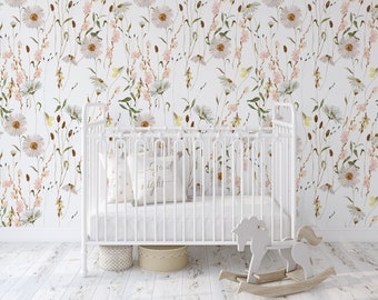 SANDRINE Removable WALLPAPER, Pre-Pasted, Nonwoven Prepasted Mural WILDFLOWERS, Boho Wallpaper Floral Wallpaper, Watercolor Daisies 0218
