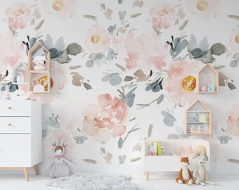 UNPASTED Traditional WALLPAPER, Pink Floral Wallpaper, Nursery Décor, Watercolor Flowers, Wallpaper Girl Nursery Bedroom 0018-52
