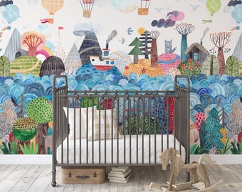 STORY TIME Wallpaper Mural | Removable Peel and Stick CANVAS for Kids Bedroom, Nursery Playroom Fairytale Air Balloon Watercolor Logan 0123