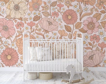 Removable WALLPAPER Peel & Stick Fabric ASPEN Pink Coral Orange Yellow Wild Flowers Nursery Décor Pink Nursery Floral Wallpaper 0032-104