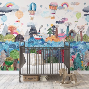 Canvas WALLPAPER Mural LOGAN Peel & Stick OPAQUE Kids Bedroom Nursery Playroom Décor Watercolor Travel around the World Fairy Tale 0123